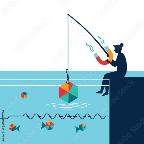 A person sits fishing with a large magnet, successfully attracting and catching a large, colorful hexagonal shape from the water, a metaphor for attracting ideas or data.