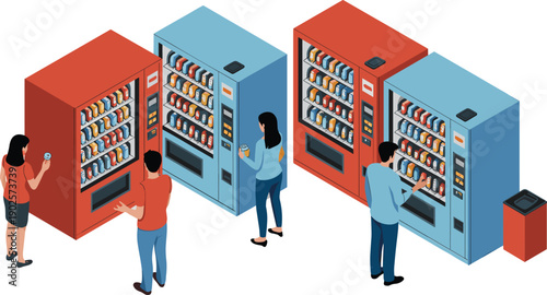 isometric vending machine illustration, people buying beverages, automated snack dispenser technology, modern self service retail shopping concept, colorful vector design