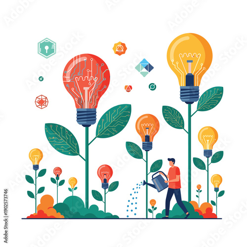 A man carefully waters a garden where glowing light bulbs grow like flowers, some with visible circuit patterns, symbolizing the nurturing of ideas, innovation, and tech growth.