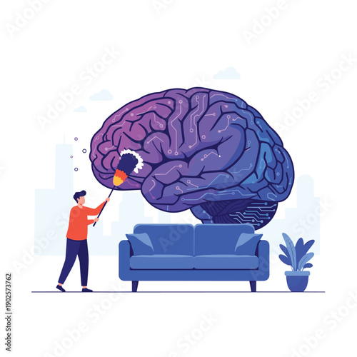 A man uses a feather duster to clean a large, stylized brain with circuit patterns, representing concepts like mental clarity, decluttering the mind, and mental health.