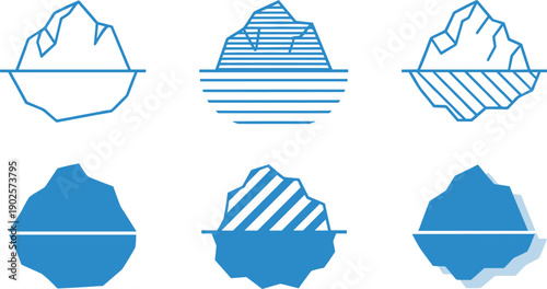 Iceberg icon set abstract mountain shapes above and below water minimal line filled vector illustration collection