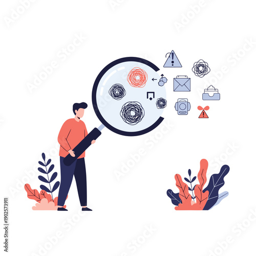 A man holds a giant magnifying glass to examine a collection of chaotic scribbles and warning icons, symbolizing the process of debugging, analysis, and problem-solving.
