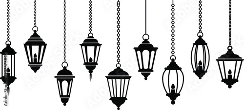 Collection of traditional hanging lanterns elegant black silhouette vector illustration for Islamic holidays and festive decorations isolated on white background