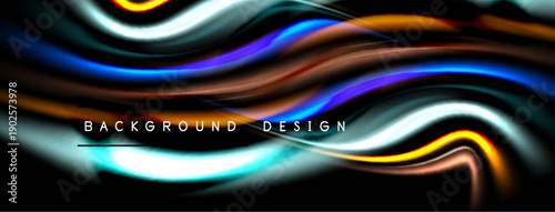 Abstract flowing shapes, vibrant colors, dark background. Modern design element, dynamic curves, smooth gradients present.