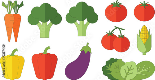 Fresh Vegetable Collection Including Carrots Broccoli Tomatoes Corn Pepper Eggplant and Lettuce Isolated on White Background Vector Illustration