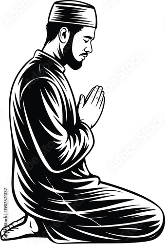 Prayer silhouette illustration, kneeling figure, spiritual devotion, religious reflection, faith symbol artwork, meditation design, flat vector composition