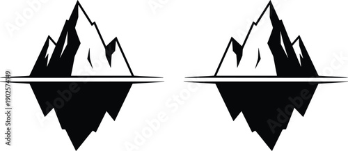 Iceberg mountain reflection silhouette illustration above and below water concept minimal black white vector design logo icon collection