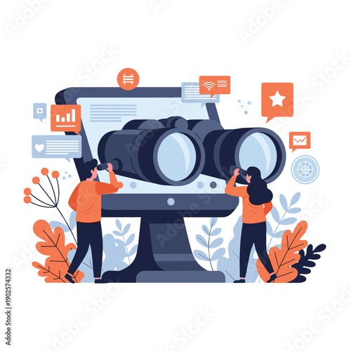 A man and woman use binoculars to look at a giant pair on a computer screen, symbolizing online search, business intelligence, and market research observation.