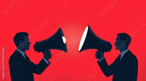 Two silhouetted figures face each other beside large megaphones against a vibrant red background. 
