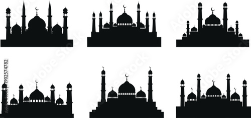 Set of minimalist mosque silhouettes flat vector icons representing Islamic architecture for religious events and cultural graphic design