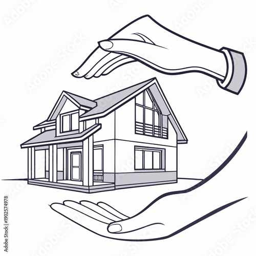 Of hands presenting a house on clean white background