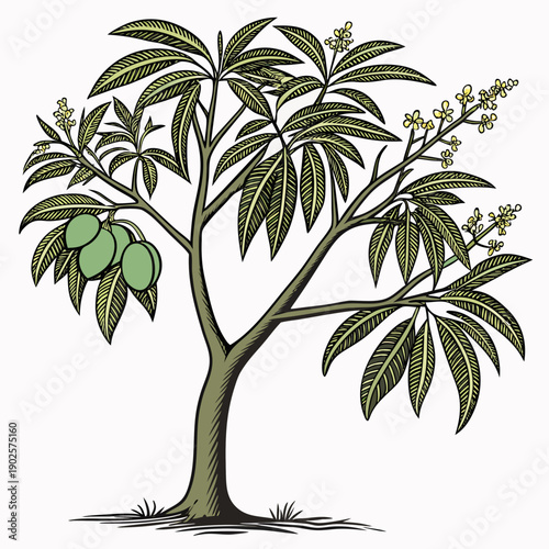 Of a mango tree with green leaves and fruit tropical plant