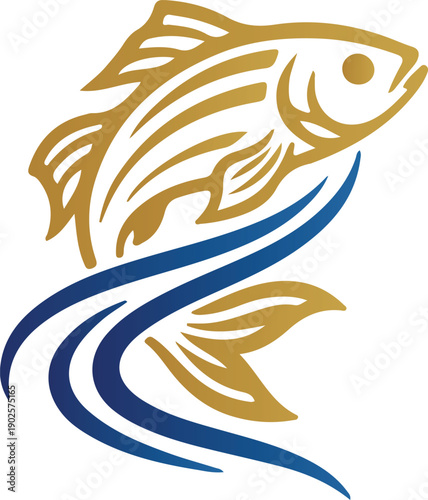 Golden fish jumping over blue ocean waves artistic illustration for seafood restaurant or aquatic nature brand