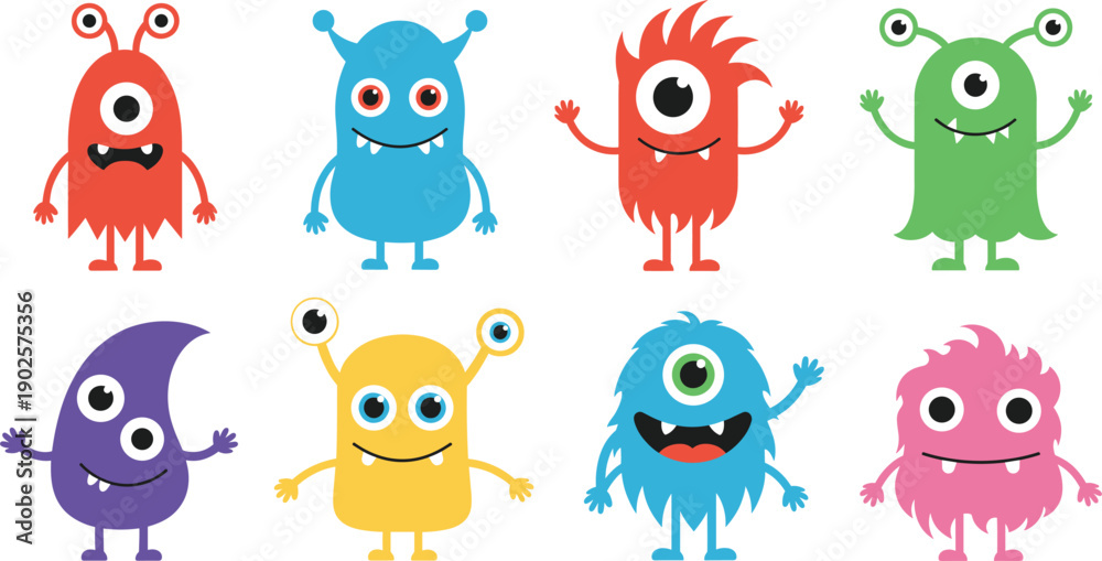 Obraz premium Cute Colorful Monster Characters Collection Funny Cartoon Illustration Set Isolated on White Background