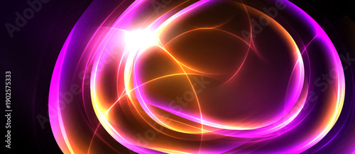 Bright abstract swirls, vibrant purple, orange hues. Circular design radiates energy, light source prominent. Dynamic composition.