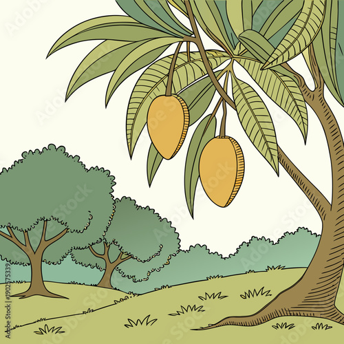Of mango tree with ripe mangoes in orchard green leaves