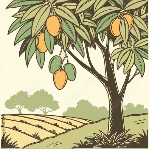 Of mango tree with ripe and unripe mangoes fruit tropical