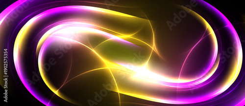 Bright abstract swirls, purple, gold, white. Dynamic energy radiates from central point, creating luminous effect. Smooth curves dominate composition.