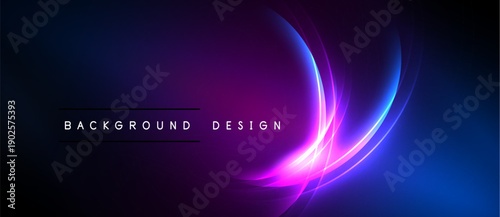 Abstract neon lights create dynamic curves. Purple, blue hues blend into dark background. Modern design element for digital projects.