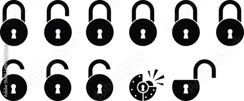Padlock icon set showing locked and unlocked security symbols, privacy protection and safety concepts in black minimalist silhouette style