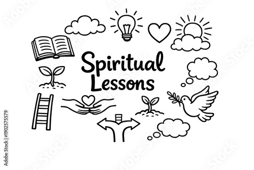 Spiritual Lessons. Hand-drawn doodle illustration of Spiritual Lessons. open book, light bulb, heart, path