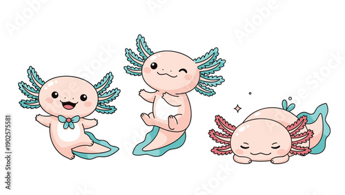 Three adorable pink axolotl characters in different playful poses including swimming, winking, and sleeping.