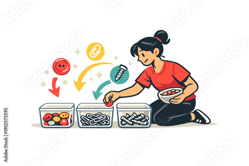 Minimal sorting system. Character organizing buttons, clips, or screws into transparent boxes, arrows guiding