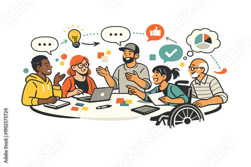 Inclusive collaboration. Colleagues working around a shared table, everyone actively contributing ideas.
