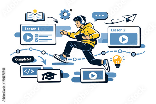 E-learning platform. Abstract interface with lessons arranged as cards, icons, and timelines, learner