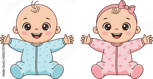 Cute Baby Boy and Girl Cartoon Characters in Pajamas Illustration Isolated on White Background