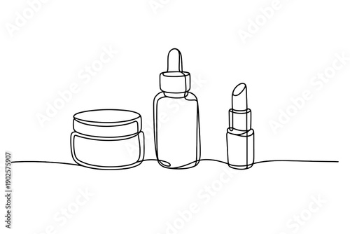 Cosmetic illustration. Minimalistic one-line drawing cosmetic products including cream jar, serum bottle, and