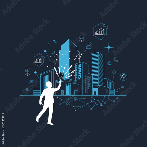 A silhouette of an architect uses a sparkler to draw a glowing city skyline, surrounded by tech icons, symbolizing smart city planning and innovative urban design.