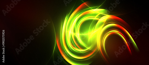 Bright swirling lights dominate dark background. Vivid green, yellow, red hues create dynamic abstract composition. Energy radiates from center.