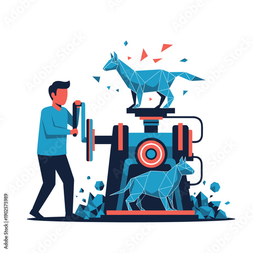 A man operates a large machine that is fabricating geometric, low-poly style dogs, representing digital creation, 3D printing, and data-driven modeling processes.