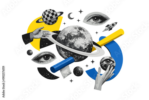 Abstract modern graphic collage representing pop culture drifting into space, black and white magazine