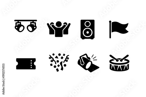 Festival icons. Filled icon set of Festival icons: stage lights, crowd cheering, music speaker, festival flag,