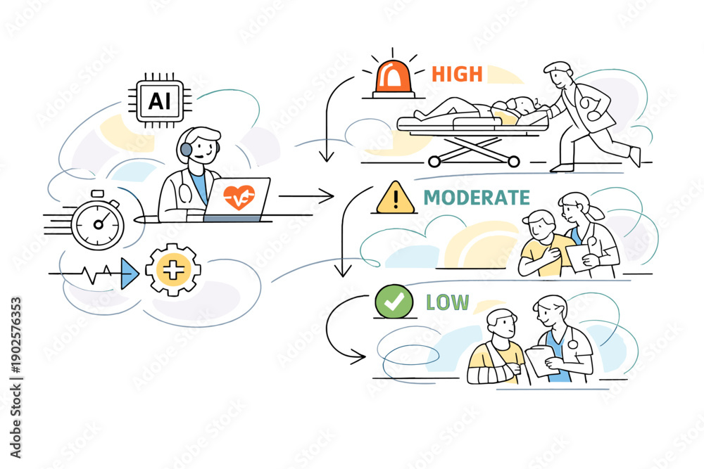 Naklejka premium AI triage system. Emergency patient icons sorted by priority through smart algorithms, arrows and alerts