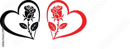 Romantic black and red heart with rose silhouette vector design symbol of love passion beauty and valentine decoration.