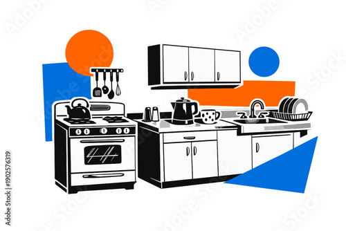 Modern graphic collage depicting a retro kitchen scene in black and white, classic stove, cabinets, and