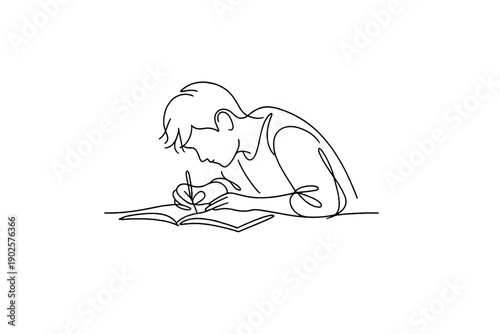 Focused Learning. Minimalistic one-line drawing of a student leaning over an open notebook with calm