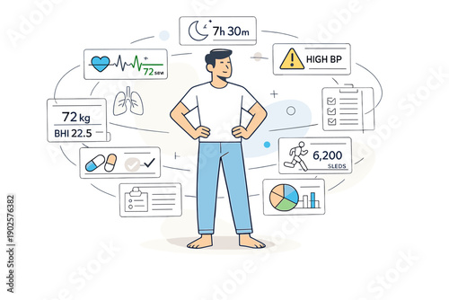 Patient surrounded by health data screens. Person standing calmly while transparent dashboards with vitals,