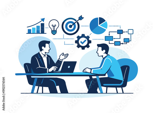 B2B services and consultancy. A consultant sits with a client across a sleek table, charts and strategy icons