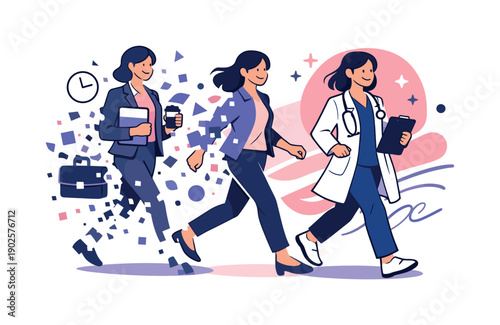 Career transition. Person changing outfits mid-step, old role fading into abstract shapes, new role forming