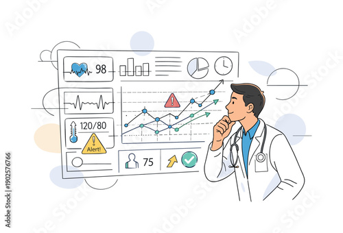 Doctor reviewing analytics dashboard. Physician studying a large transparent dashboard with vital charts,