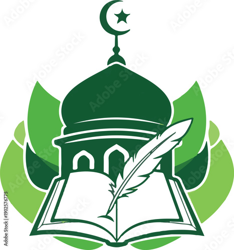 Islamic education logo with mosque dome and open book with quill pen surrounded by green leaves