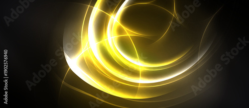 Bright yellow energy swirls against dark background. Abstract design evokes motion, light, power. Smooth curves create dynamic visual impact.
