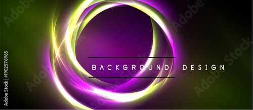 Vibrant abstract design features glowing circles, purple center, yellow outer rings. Dark background enhances luminosity, creating dynamic visual effect.
