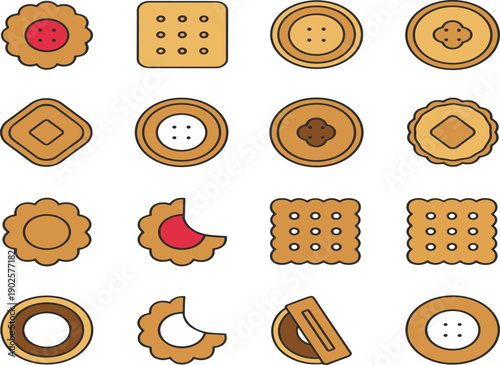 Assorted Biscuit and Cookie Icon Set with Cream Jam and Chocolate Filling Isolated on White Background