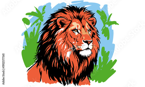 Lion illustration artwork design for t-shirt and apparel. King of the jungle sketch. Safari wild animal graphic print design. Tropical abstract art de