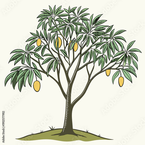 Pruned mango tree with green leaves and yellow fruits on a grassy mound